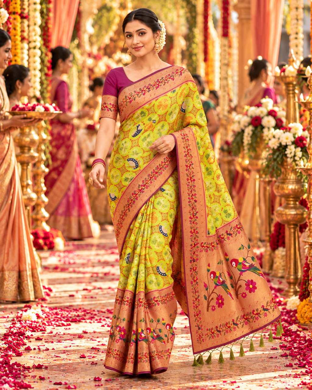 Pure Patola Paithani Silk Golden Zari Border Saree With Unstitched Blouse(Yellow)