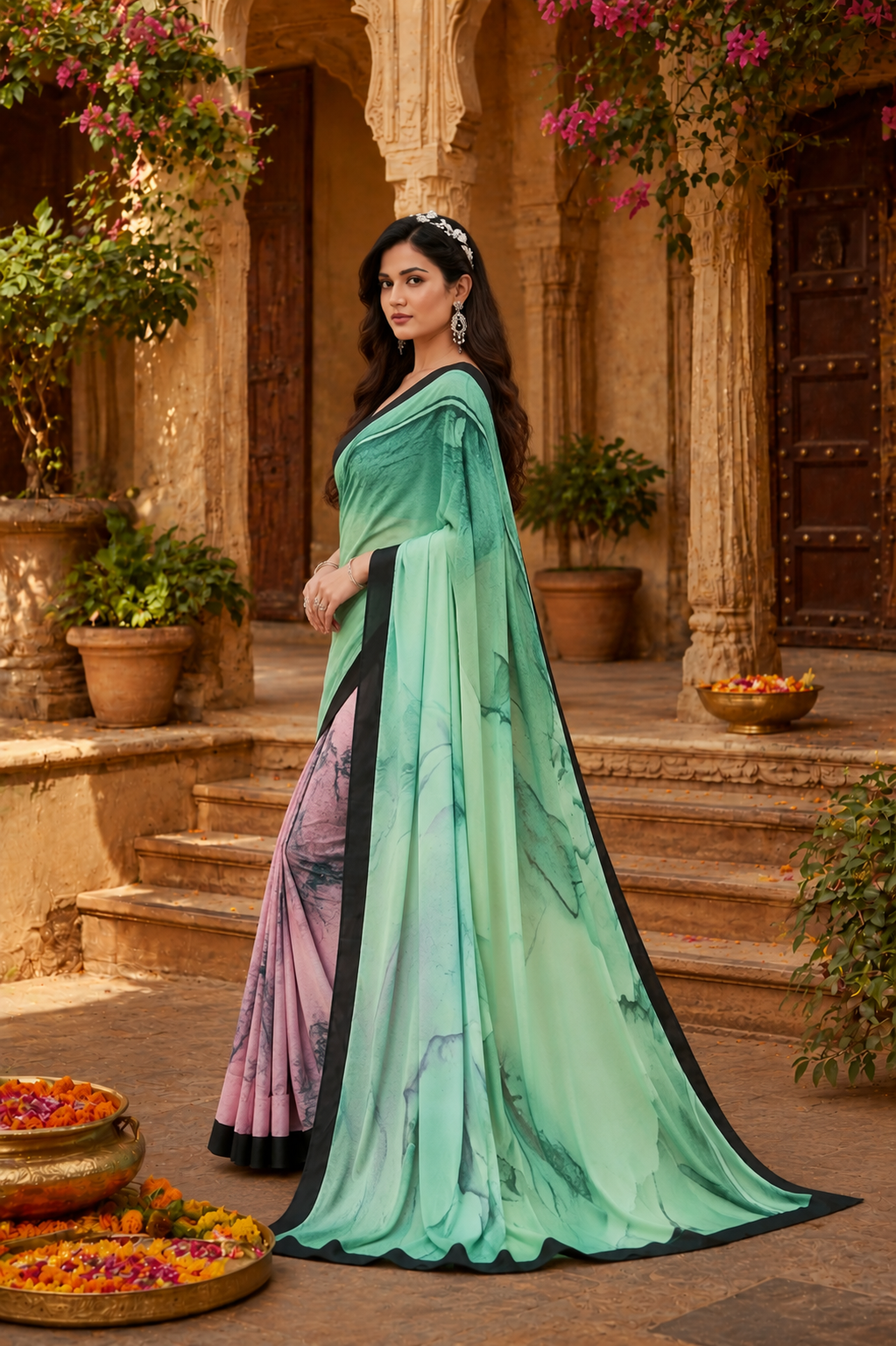 Soft Crepe Silk Digital Print Saree With Unstitched Blouse(Sea Green)
