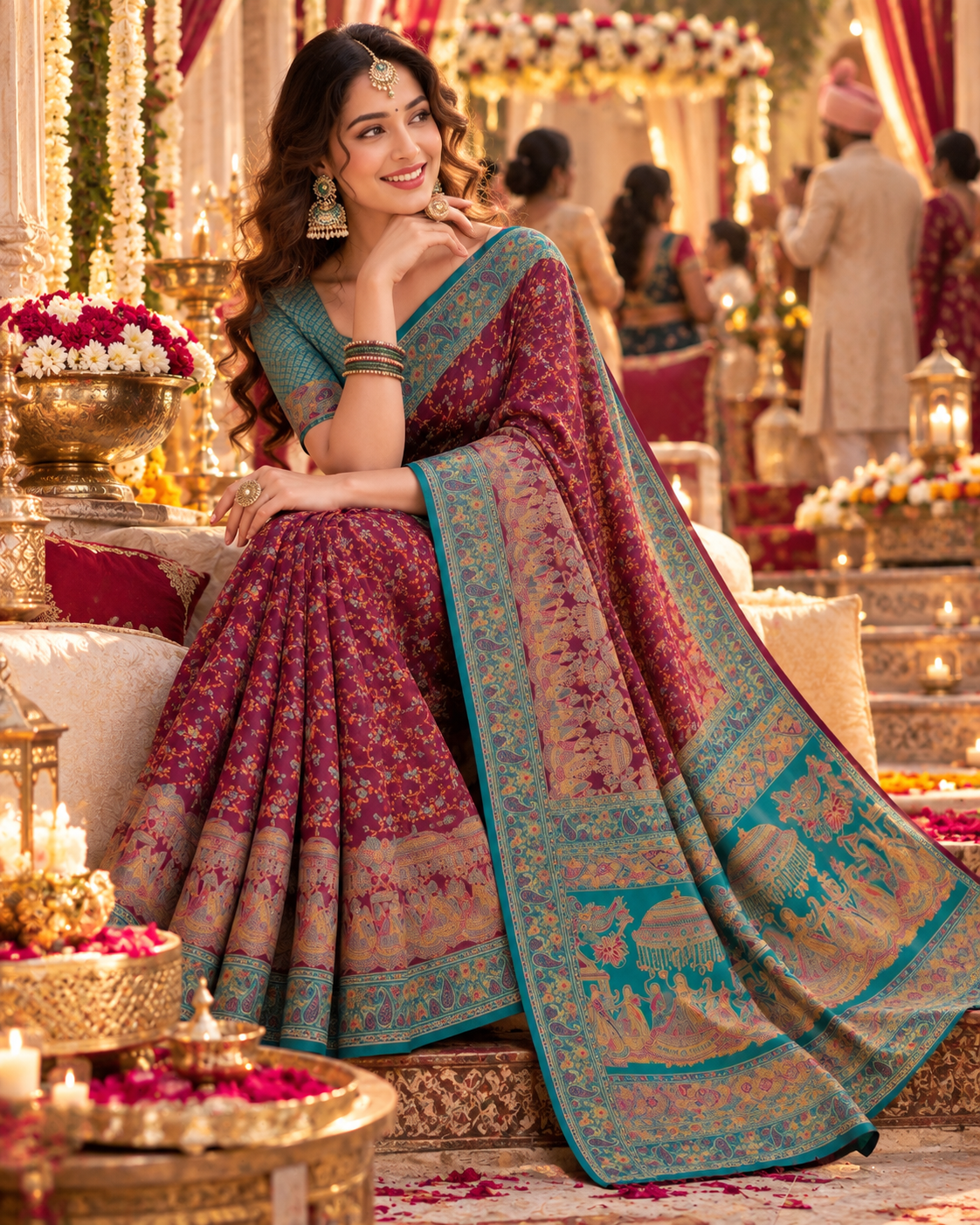 Gajji Silk Ajrakh Printed Saree With Unstitched Blouse(Wine)