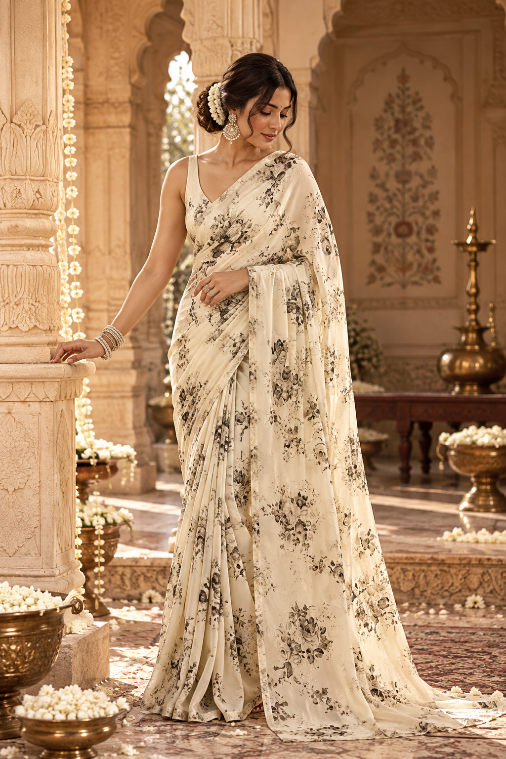 Satin Silk Printed Saree With Unstitched Blouse(White)