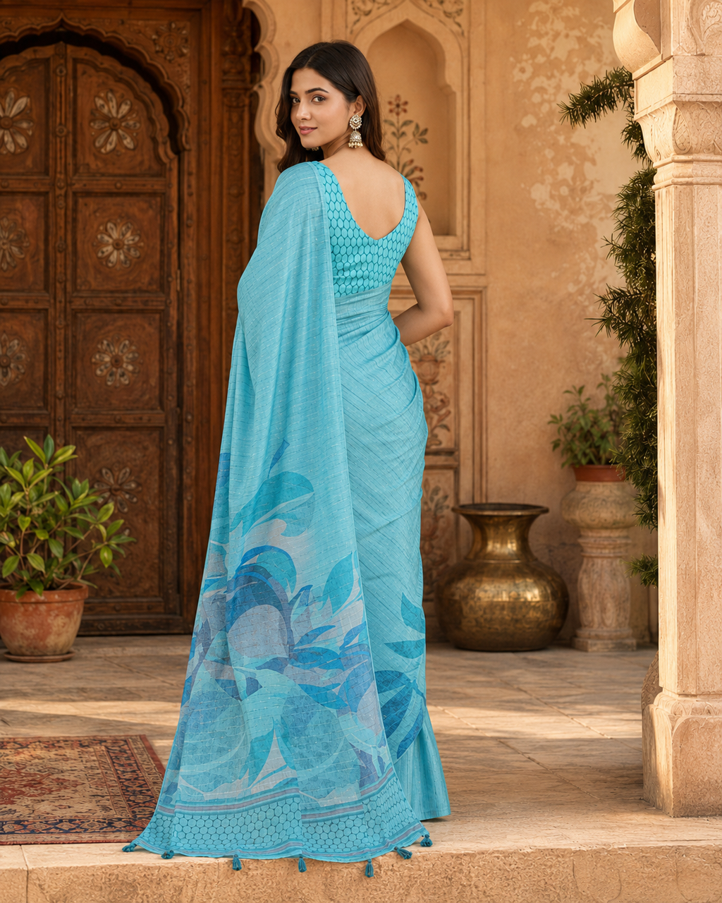 Silk Blend Jacquard Weaving Zari Border Saree With Unstitched Blouse(Blue)