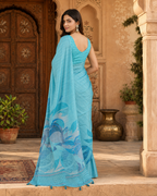 Silk Blend Jacquard Weaving Zari Border Saree With Unstitched Blouse(Blue)