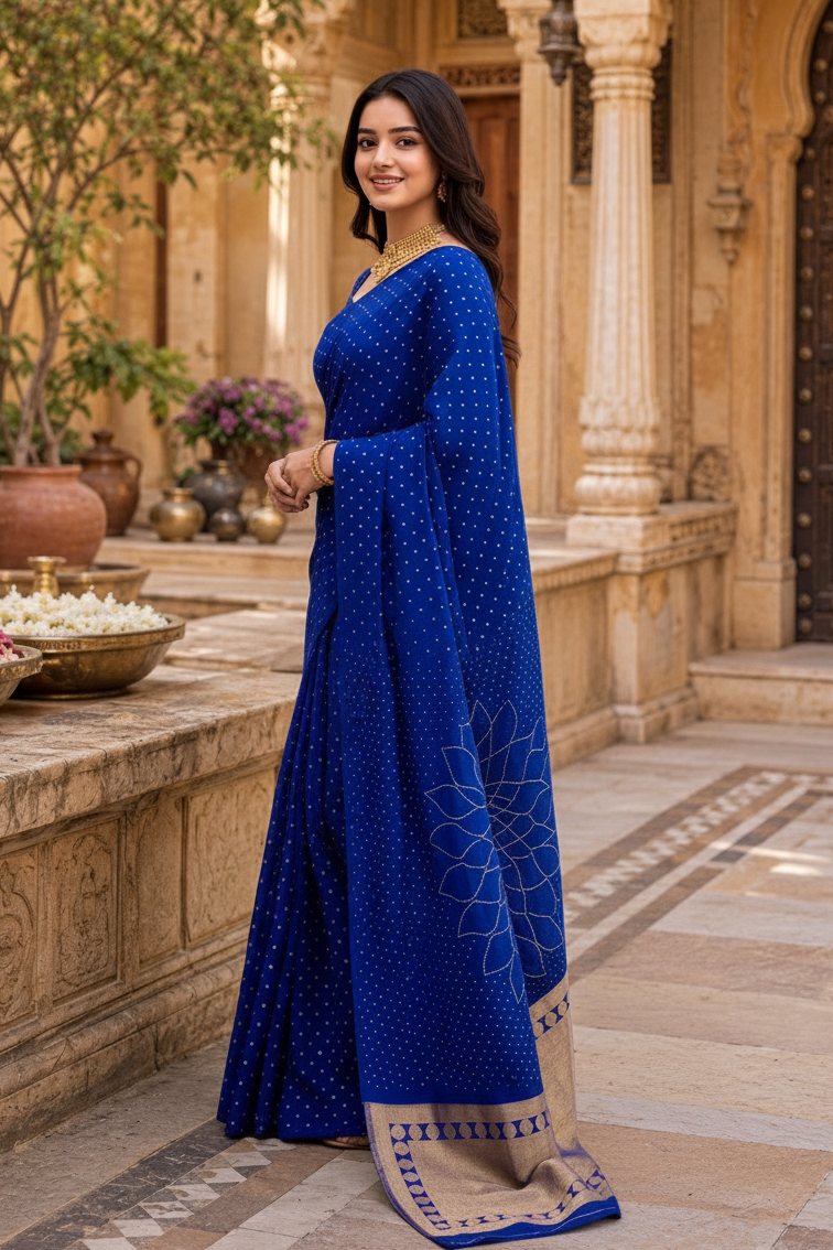 Satin Silk Bandhani Bhej Work Saree With Unstitched Blouse(Blue)