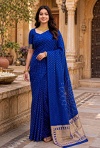 Satin Silk Bandhani Bhej Work Saree With Unstitched Blouse(Blue)