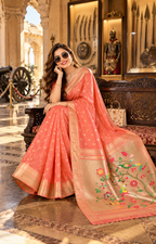 Premium Paithani Silk Butti Jari Work Saree With Unstitched Blouse (Brink Pink)