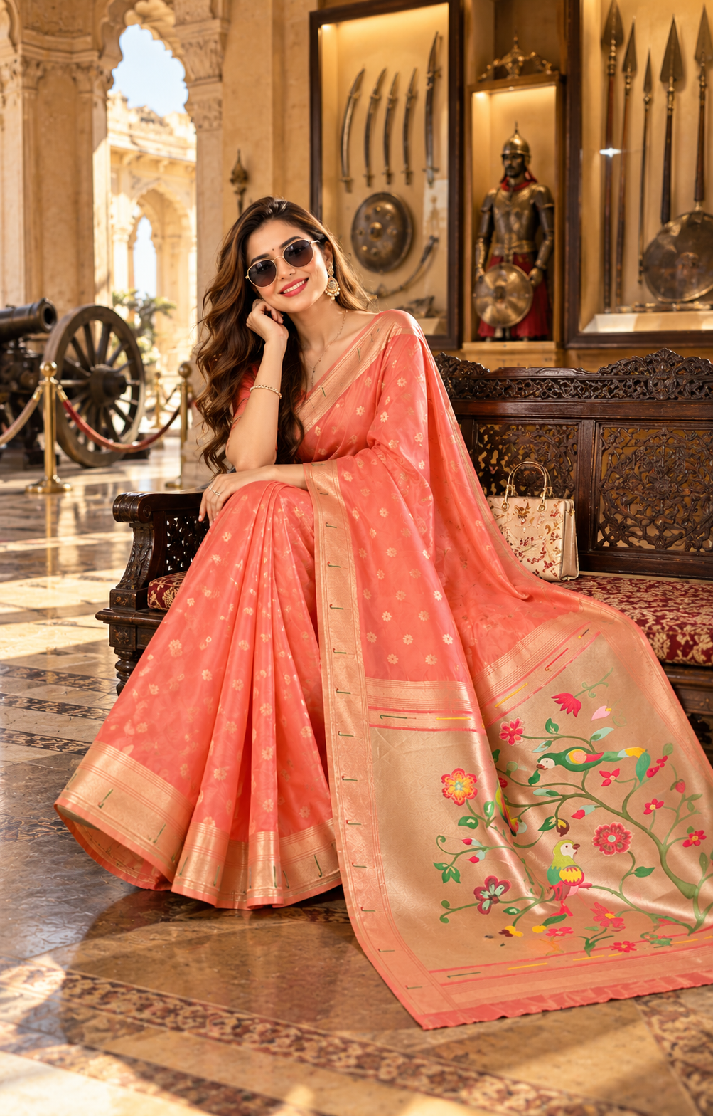 Premium Paithani Silk Butti Jari Work Saree With Unstitched Blouse (Brink Pink)