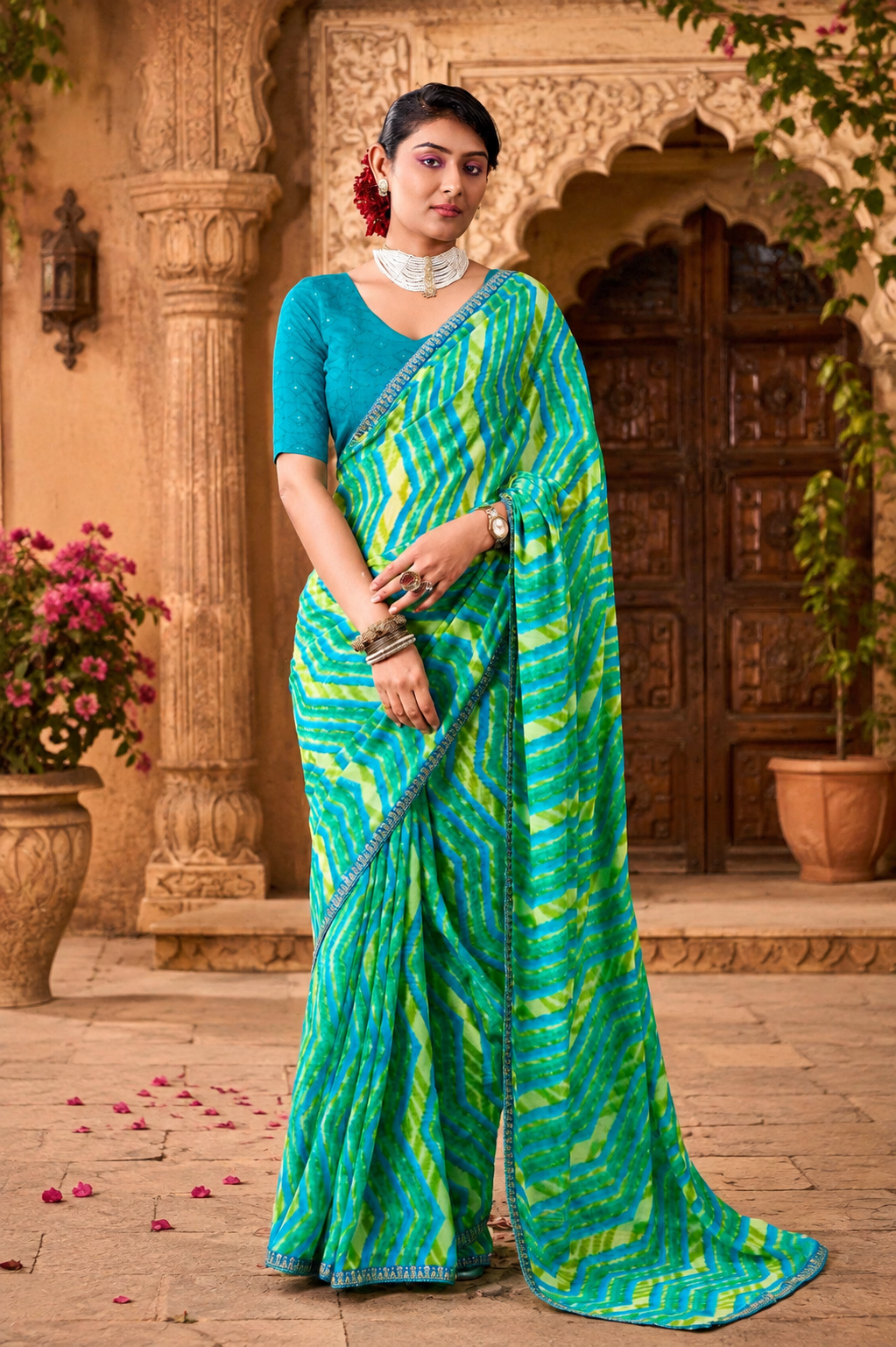 Premium Georgette Bandhani Work Saree With Unstitched Blouse(Green)