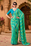 Premium Georgette Bandhani Work Saree With Unstitched Blouse(Green)