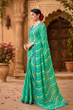 Premium Georgette Bandhani Work Saree With Unstitched Blouse(Green)