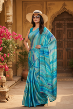 Load image into Gallery viewer, Satin Silk Printed Saree With Unstitched Blouse(Blue)
