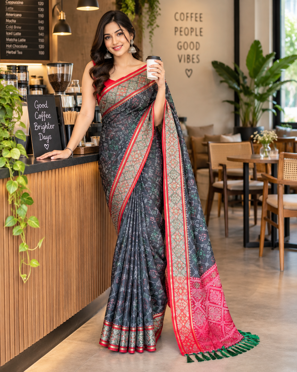 Premium Soft Silk Rangeen Patola Meenakari Saree With Unstitched Blouse (Black)