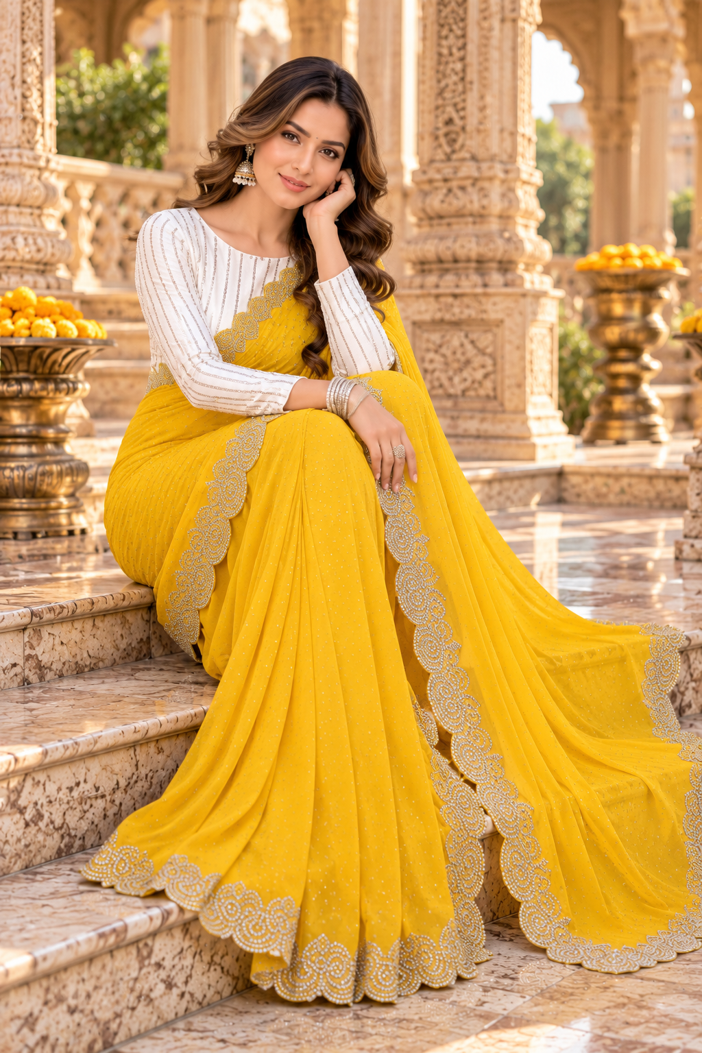 Georgette Sequin Work Saree With White Unstitched Blouse(Yellow)