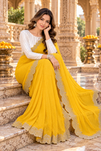 Georgette Sequin Work Saree With White Unstitched Blouse(Yellow)