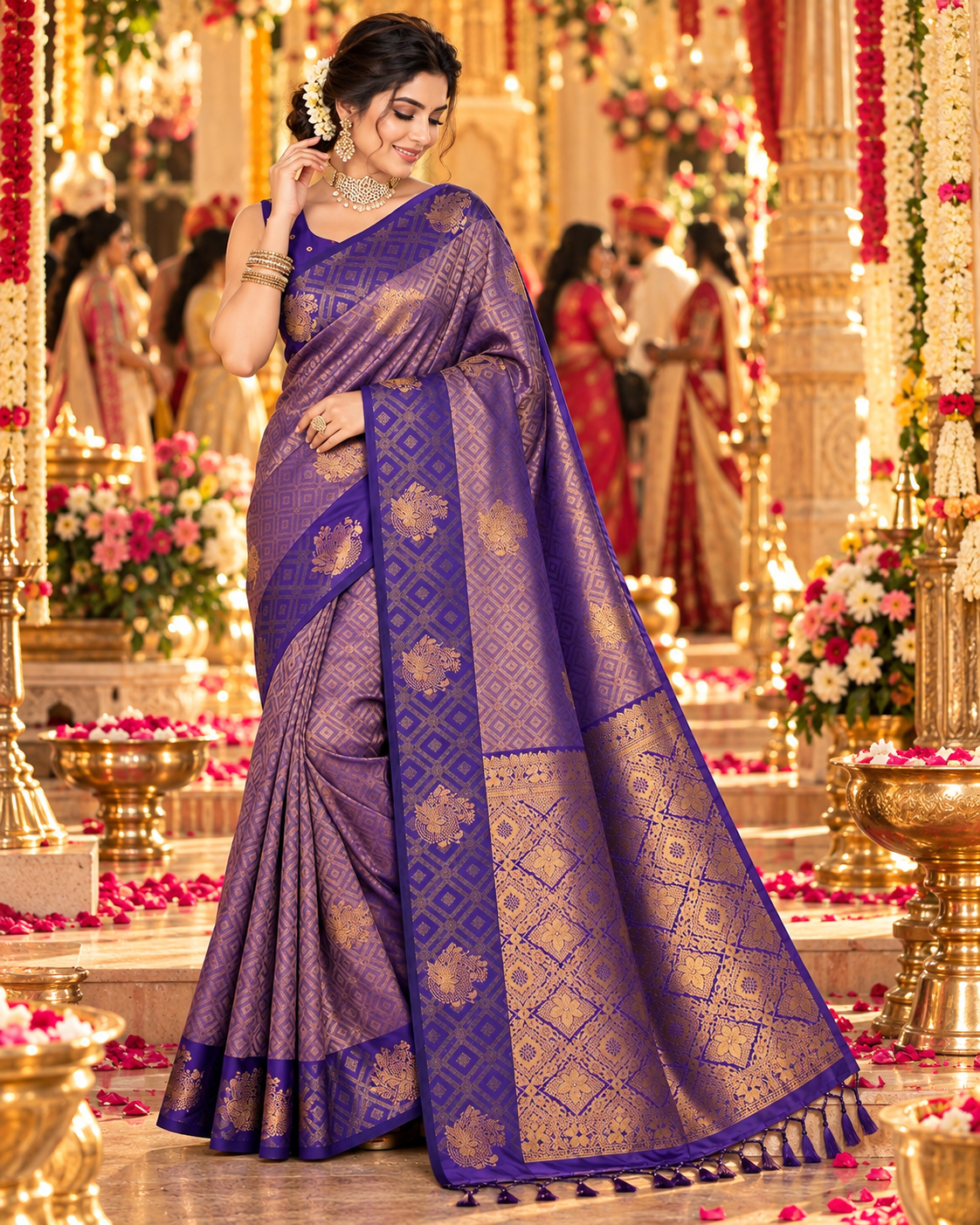 Pure Silk Zari Work Saree With Unstitched Blouse(Purple)