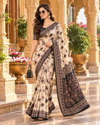 Pure Silk Printed Saree With Unstitche Blouse(White)