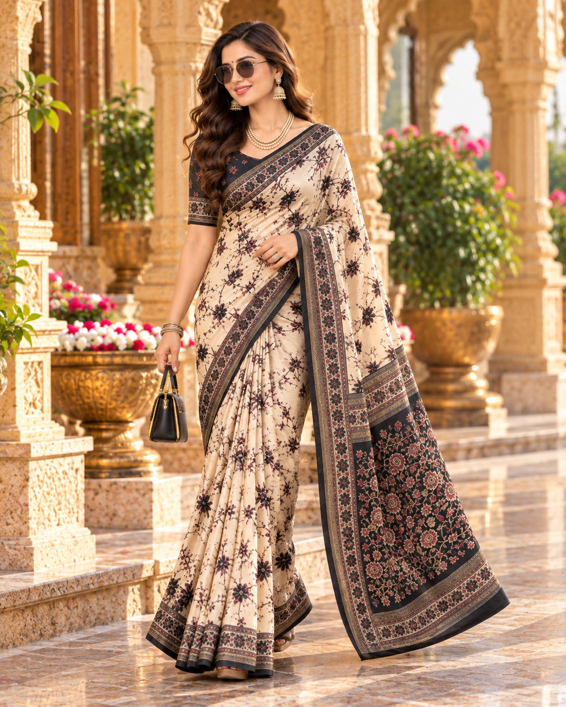 Pure Silk Printed Saree With Unstitche Blouse(White)