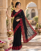 Organza Silk Saree With Unstitched Blouse(Black)