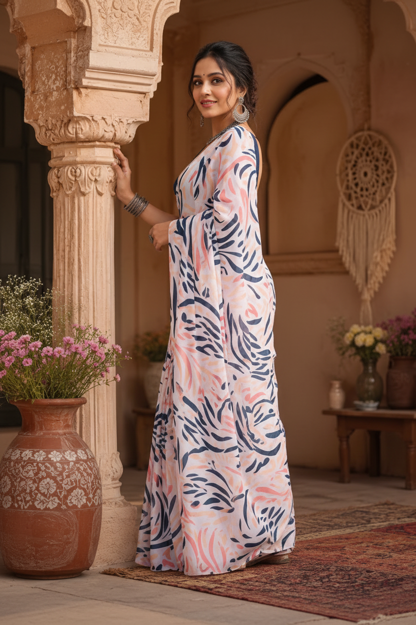 Satin Silk Printed Saree With Unstitched Blouse(Cream)