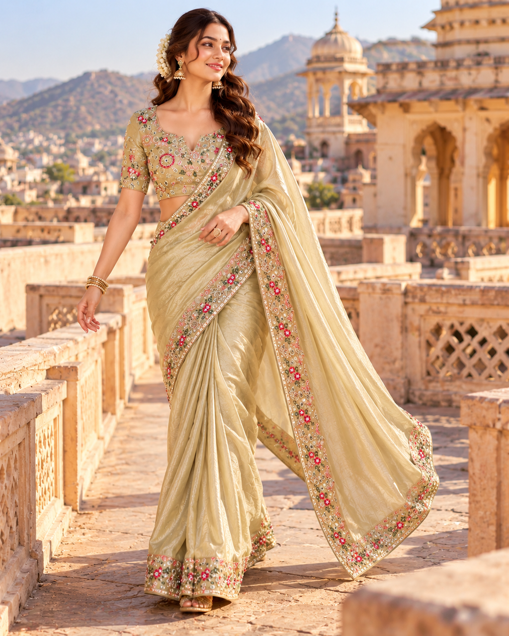 Pure Silk Handprint Cutdana Border Work Saree With Unstitched Blouse(Beige)