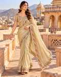 Pure Silk Handprint Cutdana Border Work Saree With Unstitched Blouse(Beige)
