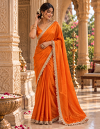 Satin Silk Golden Lace Border Work Saree With Unstitched Blouse(Orange)