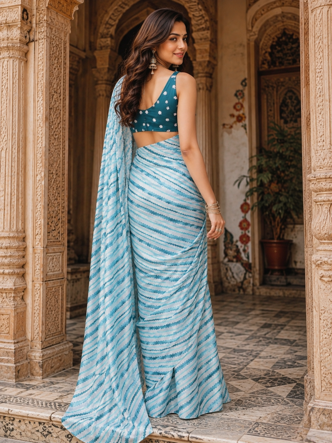Modern Satin Silk Printed Saree With Unstitched Blouse(Blue)