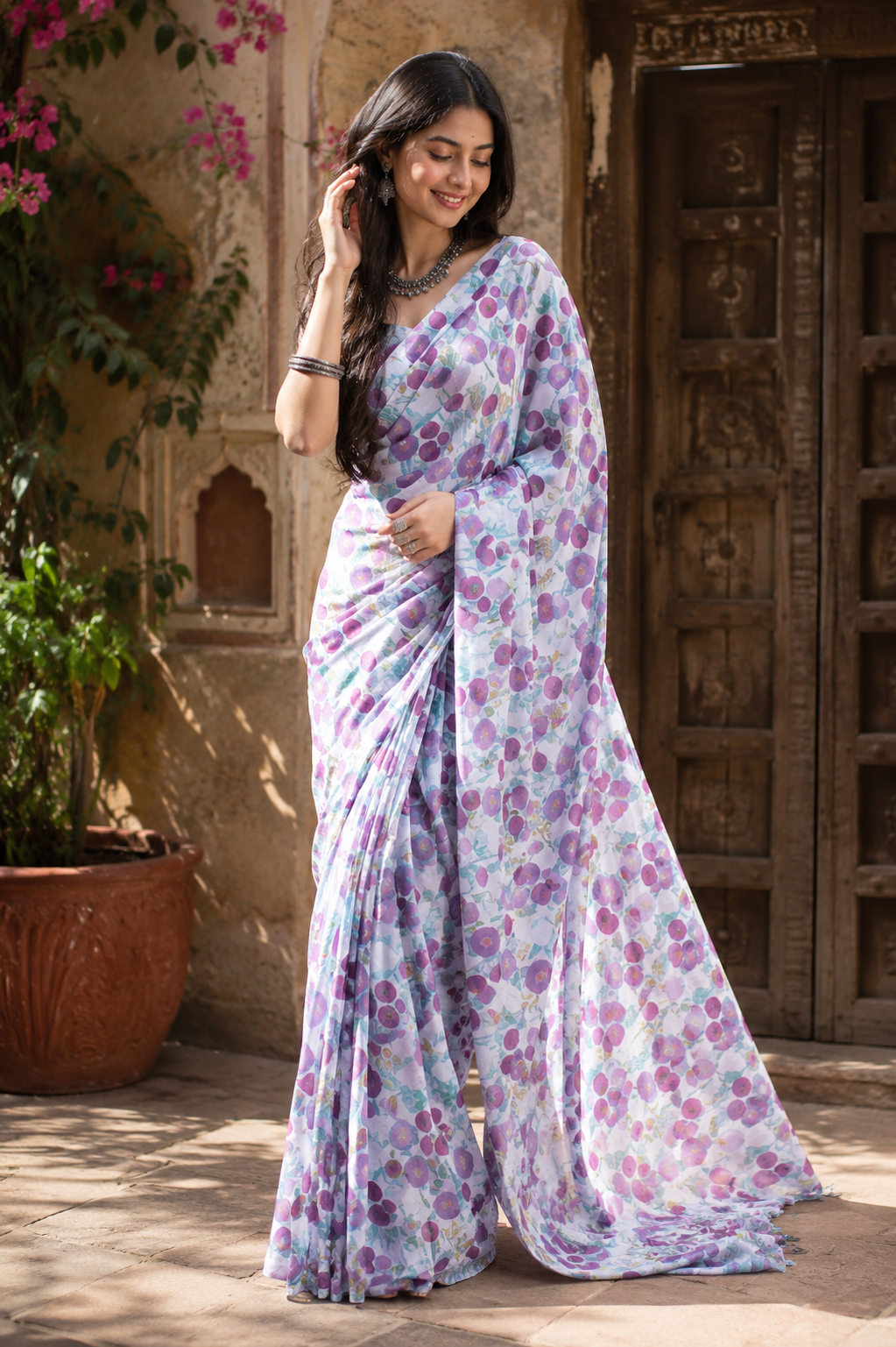 Satin Silk Printed Saree With Unstitched Blouse(Purple)