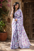 Satin Silk Printed Saree With Unstitched Blouse(Purple)
