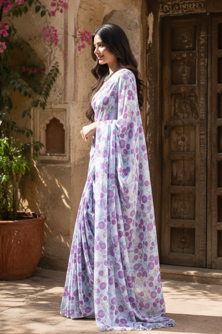 Satin Silk Printed Saree With Unstitched Blouse(Purple)