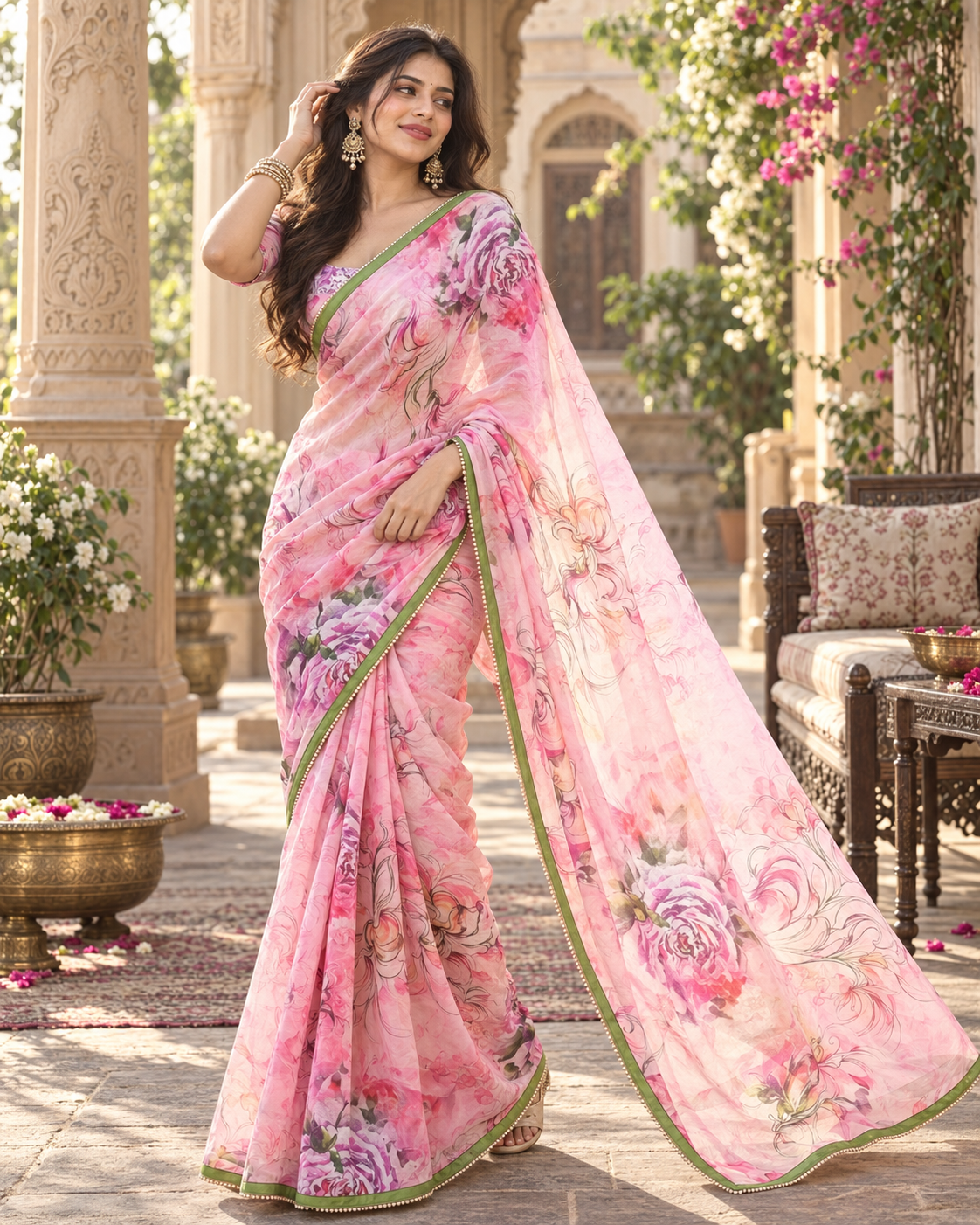 Georgette Digital Printed Saree With Unstitched Blouse(Pink)
