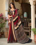 Muslin Silk Ajrakh Printed Saree With Unstitched Blouse(Maroon)