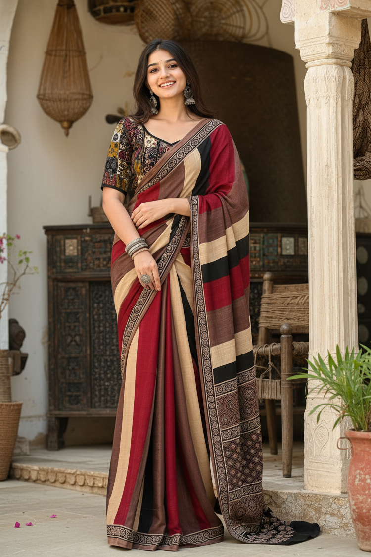 Muslin Silk Ajrakh Printed Saree With Unstitched Blouse(Maroon)