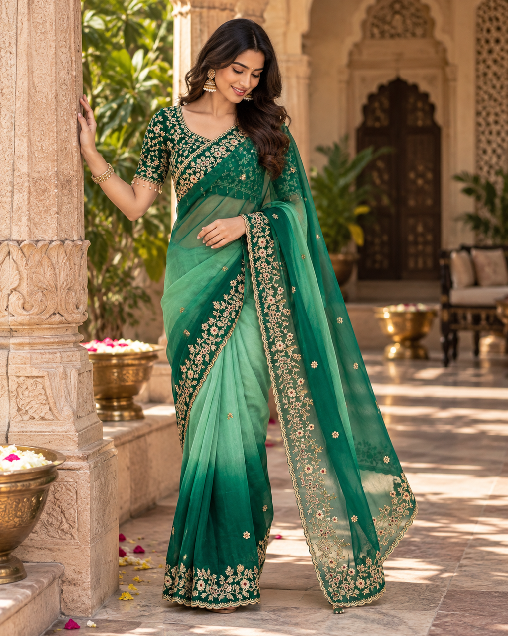 Chiffon Silk Embroidery Sequin Work Saree With Unstitched Blouse(Bottle Green)