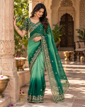 Chiffon Silk Embroidery Sequin Work Saree With Unstitched Blouse(Bottle Green)
