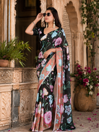 Georgette Satin Floral Print Saree With Unstitched Blouse(Peach)