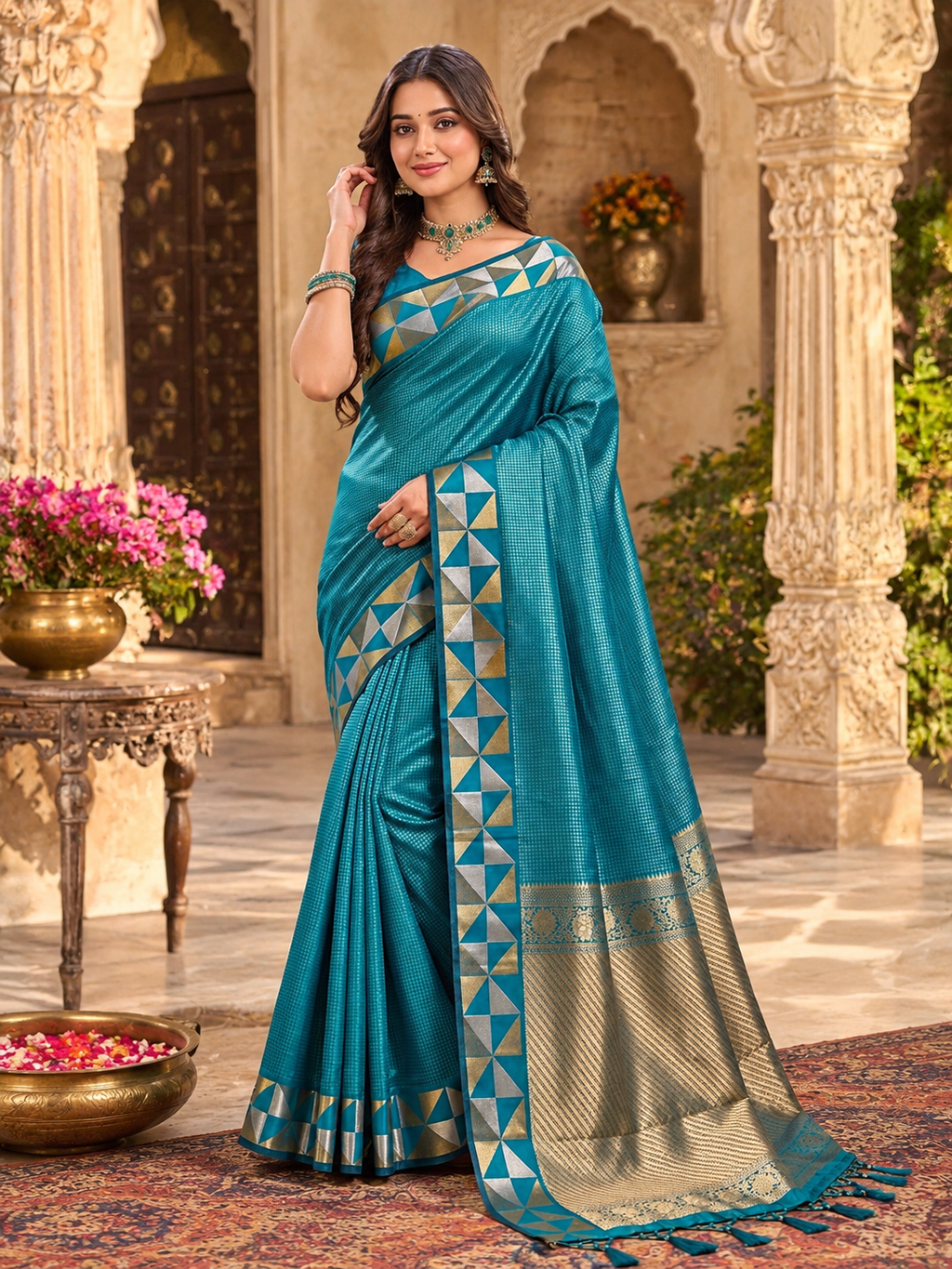 Premium Art Silk Zari Triangle Border Saree With Unstitched Blouse(Sky)