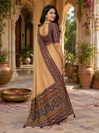Cotton Zari Border Printed Saree With Unstitched Blouse(Cream)