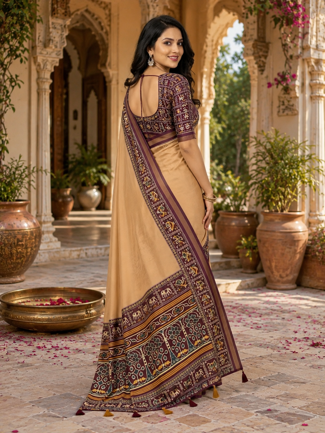 Cotton Zari Border Printed Saree With Unstitched Blouse(Cream)