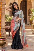 Japan Satin Digital Print  Pallu Valmoti Handwork Saree With Unstitched Blouse (Black)