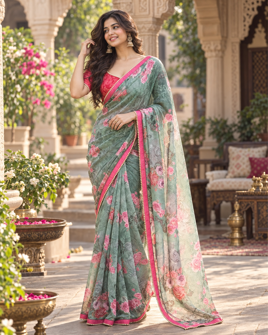 Georgette Digital Printed Saree With Unstitched Blouse(Green)