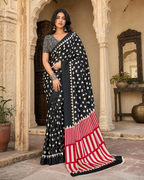 Satin Silk Ajrakh Print Saree With Unstitched Blouse(Black)