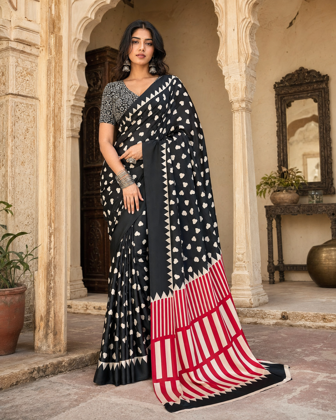 Satin Silk Ajrakh Print Saree With Unstitched Blouse(Black)