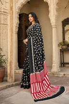 Satin Silk Ajrakh Print Saree With Unstitched Blouse(Black)