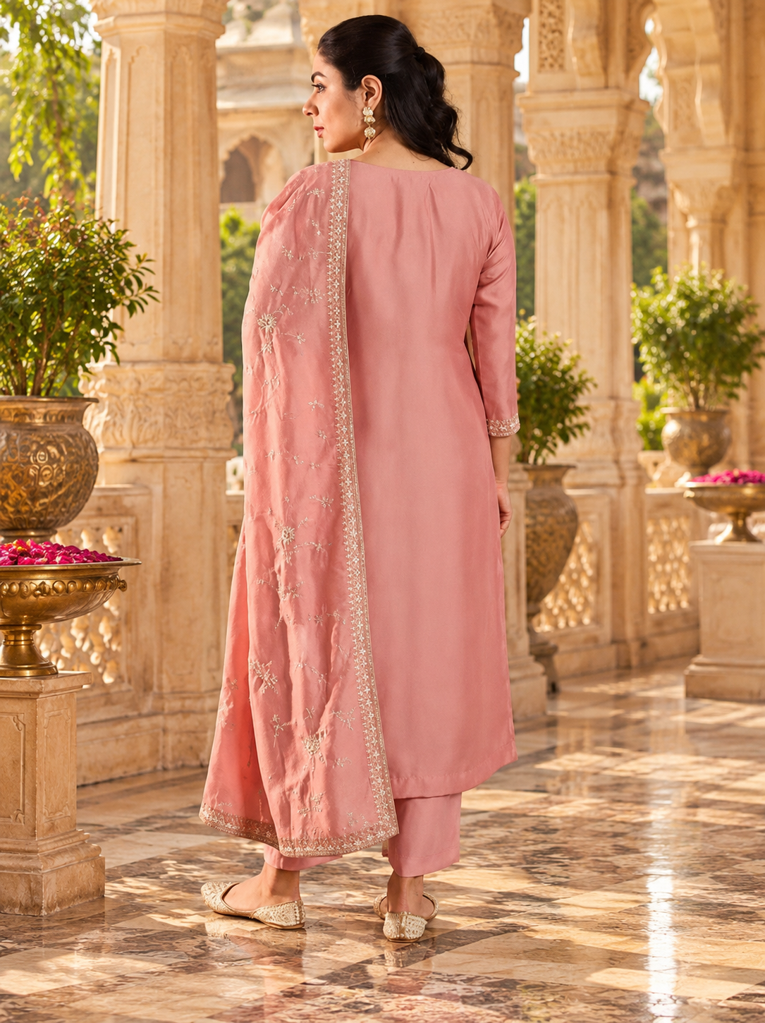 Vichitra Silk Kurti Bottom Set With Dupatta(Pink)