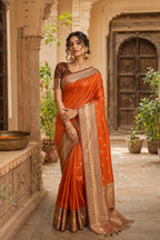 Pure Banarasi Silk Saree With Unstitched Blouse(Orange)