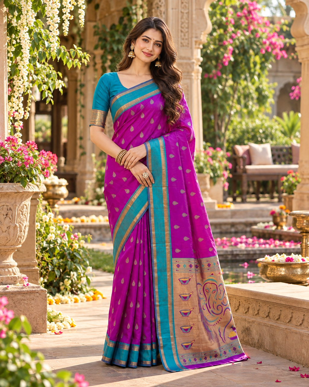Krittika Premium Paithani Katan Silk Butti Saree With Zari Border Unstitched Blouse (Purple)