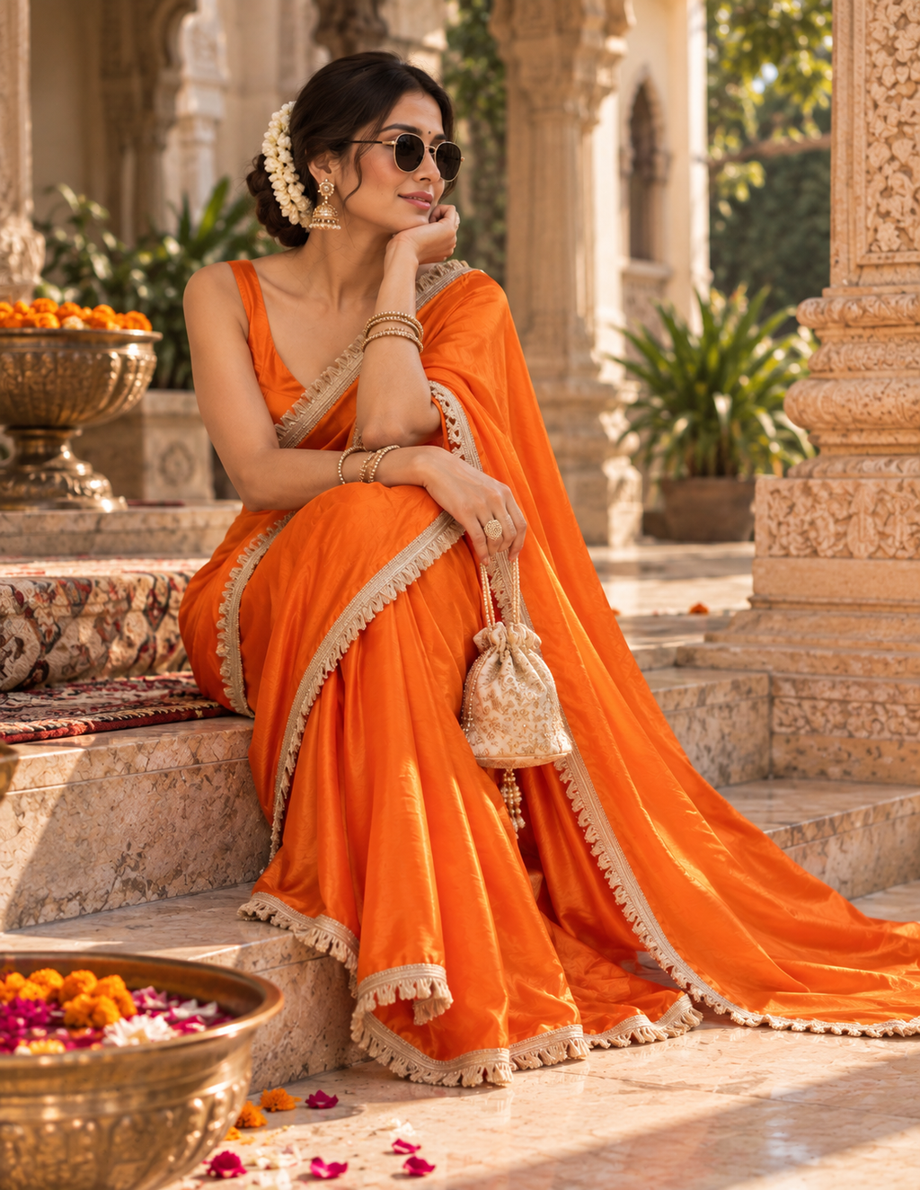Satin Silk Golden Lace Border Work Saree With Unstitched Blouse(Orange)