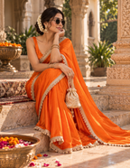Satin Silk Golden Lace Border Work Saree With Unstitched Blouse(Orange)