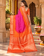 Satin Silk Bandhan Bhej Zari Border Work Saree With Unstitched Blouse(Brink Pink)