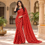 Satin Silk Printed Saree With Unstitched Blouse(Red)